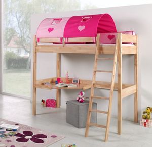 Hochbett RENATE Multifunktionsbett mit Schreibtisch Bett Buche Stoffset Pink/Herz
