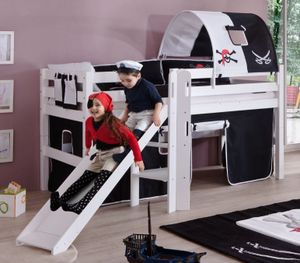 Hochbett ELIYAS Kinderbett mit Rutsche Spielbett Bett Weiß Stoffset Pirat, Matratze:ohne