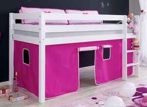 Hochbett ALEX Kinderbett Spielbett Bett Weiß Stoffset Pink/Rosa, Matratze:ohne
