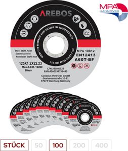 AREBOS Trennscheiben Ø 125 mm, 100 Stück  geeignet für Stahl, Edelstahl, Inox, Eisen, Blech, Metall  Vor- und Rücklauf  EN 12413 vom Materialprüfungsamt (MPA)