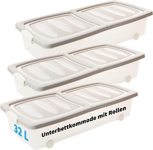 3er Set Unterbettkommode Flach 32 Liter- Unterbettbox Spielzeugkiste Rollbox