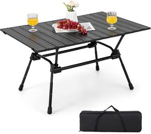COSTWAY Skládací kempingový stůl, výškově nastavitelný skládací stůl s hliníkovou deskou, skládací zahradní stůl s rolovací deskou, včetně přenosné tašky, 90 x 60,5 x 52 cm (černý)