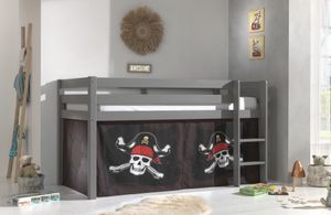Vipack Halbhohes Bett PINO, mit Textilset "Caribian Pirate", Ausf. Kiefer massiv grau lackiert