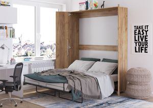Nástenná posteľ Nástenná posteľ TEDDY 160x200 Gold Craft Oak Vertical Wall Folding Bed, Sklápacia šatníková posteľ, Šatníková skriňa s integrovanou sklápacou posteľou, Funkčná posteľ vrátane lamelového rámu