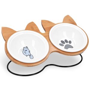 Navaris Futternapf Katze mit Bambus Halter - Futterstation Set Keramiknapf für Katzen Hunde - Keramik Fressnapf Set - Futternapf mit Halterung