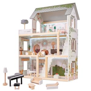 Großes Puppenhaus A92 XXL Traumhaus Set aus Holz mit LED Beleuchtung und Möbel Puppenstube für Kinder