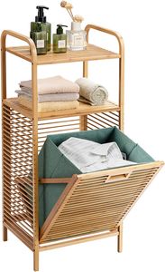 COSTWAY Badregal mit Wäschekorb, 2 offenen Regalfächern & Griff, Badezimmer Regal Bambus, Korbregal, herausnehmbarer Stoffeinsatz
