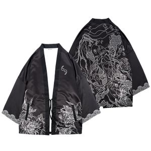 Kimono Jacke mit japanischem Koi Karpfen Motiv | traditioneller Japan Haori Umhang | mit asiatischem Motiv | Schwarz | Größe: S/M