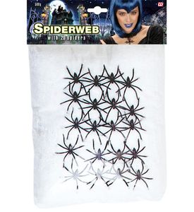 Widmann 5405S - Weißes Spinnennetz, 500 g, mit 20 Spinnen, Tischdekoration, Horror, Halloween, Mottoparty