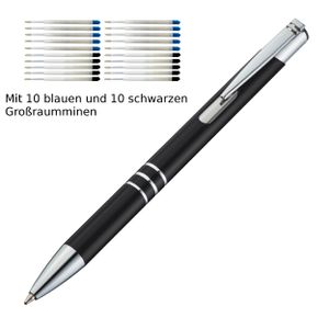 10 Kugelschreiber aus Metall / je 10 schwarze + blaue Minen / Farbe: schwarz