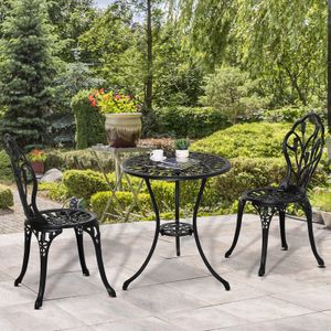 Outsunny Sitzgruppe 3-teilige Essgruppe Gartenmöbel-Set 1 Tisch+2 Stühle mit Schirmloch Terrasse  Aluminium Schwarz Ø60 x 67H cm