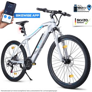 BLUEWHEEL E-Bike 27,5“ & 29“, Deutsche Qualitätsmarke, EU-konform E-Mountainbike 21 Gänge & Hinterradmotor für 25 km/h, Fahrrad mit MTB Federgabel, App, LED Licht & Sportsattel, BXB75 Ebike