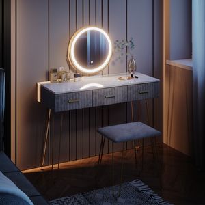 Vicco Toaletní stolek Layla, 100 cm s LED osvětlením a taburetem, Šedá/Bílá