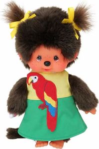 Dievčatko v papagájových šatách | 20 cm bábika Monchhichi s dvoma copmi
