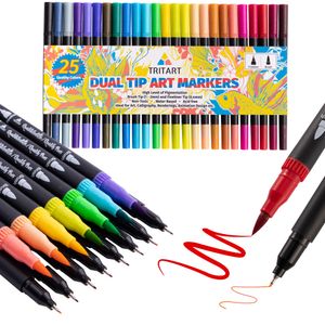 Dual Brush Pens Pinselstifte Set I 25 Filzstifte Dicke & Dünne Seite I Universal Doppel Fineliner mit Farben auf Wasserbasis I Dual Tip Marker für Bullet Journal Handlettering Kalligraphie Manga