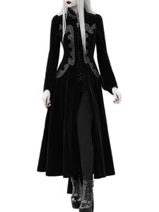 Damen Hexenkostüme Langarm Robe Sticked Kleid Retro Long Kleider Gothic Abendkleid Schwarz,Größe L