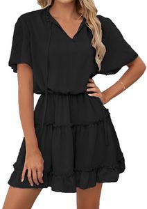 ASKSA Damen Kurzarm Kleid Elegant Rüschen Sommer V-Ausschnitt Tunikakleid Einfarbig Kleider, Schwarz, XL