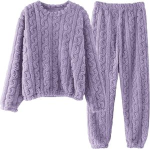 Damen Kuscheliger Fleece Pyjama Set in Rosa, Langarm Kabelstrick Schlafanzug mit Jogginghose, Weiche Flanell Nachtwäsche Loungewear für den Winter, Einheitsgröße, Lila