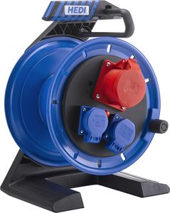 HEDI Vollkunststoff-Kabeltrommel Generation 7 Companion Leertrommel (Kabeltrommel-ø 250 mm, für bis zu 20 m 2,5mm Leitung, spritzwassergeschützte 2-fach Schutzkontakt-Steckdose 250 V, CEE-Steckdose (5x16A)) K7AD0016T