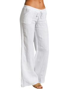 Damen Baumwoll-Leinen Hose Weitem Bein Einfarbig Lässige Elastische Taille Lange Hose,Farbe:Weiß,Größe:S