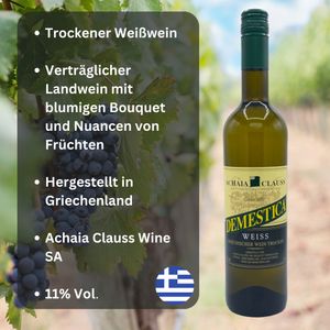 Demestica weiß trocken 3x 0,75l Achaia Clauss | Beliebter Weißwein aus Griechenland | Griechischer Tafelwein | + 20ml Jassas Olivenöl