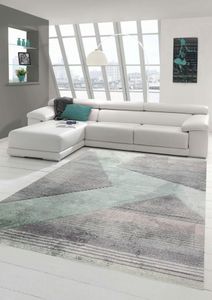 Moderner Teppich Wohnzimmer abstraktes Muster gestreift grau grün rosa - pflegeleicht Größe - 160x230 cm