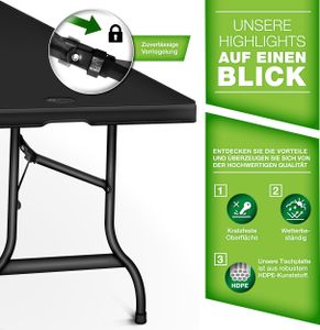 stół ogrodowy tillvex 180x75cm czarny składany plastikowy | stół bufetowy z uchwytem do przenoszenia | składany stół na taras i balkon | stół kempingowy 6 osób