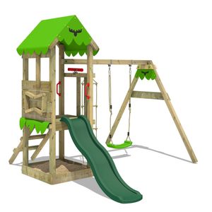 Fatmoose Spielturm Klettergerüst FriendlyFrenzy mit Schaukel & Rutsche, Kletterturm mit Sandkasten, Leiter & Spiel-Zubehör – grün