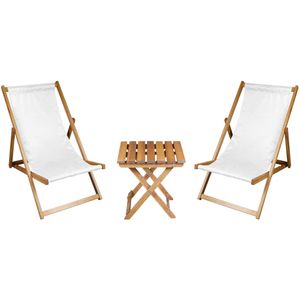 2 x Liegestuhl + Beistelltisch Strandliege Holz Sonnenliege Gartenliege Gartentisch Geölt Weiß