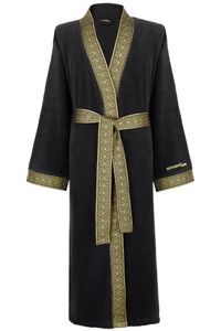 Luxus Bademantel Kimono mit gestickten Ornamenten in Gold | aus 100% Baumwolle Frottee Struktur | Für Damen und Herren | Größe M | Schwarz