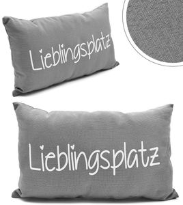 2x Kopfkissen Dekokissen "Lieblingsplatz" Schriftzug Couch Sofa Kuschel Wendekissen Couchkissen Geschenk Kissen Deko grau inkl. Füllung