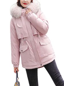 Damen Winter-Baumwolljacke Dicker Mantel Großer Pelzkragen Hoodie Baumwolljacke,Farbe:Rosa,Größe:Xl