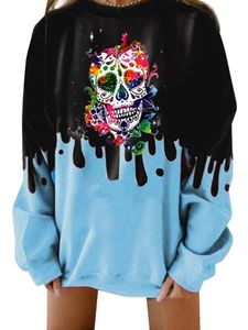 Frauen Halloween Totenkopf Print Langarm Pullover Pullover Tops Bluse Sweatshirts,Farbe: Himmelblau,Größe:XL