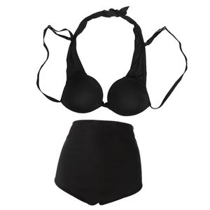 Damen Hohe Taille Neckholder Rückenfrei Bikini Sets Bademode Bandeau schwarz Größe M Farbe Schwarz