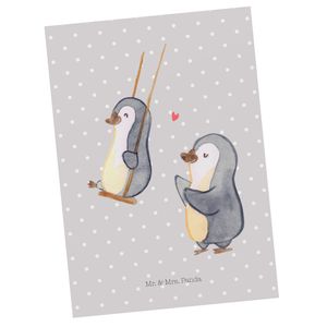 Mr. & Mrs. Panda Postkarte Pinguin Oma schaukeln - Grau Pastell - Geschenk, Dankeskarte, beste Oma, Ansichtskarten, Großmutter, Einladungskarte, Mama, Muttertag, Bruder