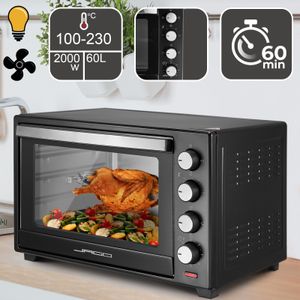 Jago® Minibackofen mit Umluft - Innenbeleuchtung, elektrisch, Doppelglastür, Timer, 100 - 230 °, 2000W, 60L, 5 Heizarten, Drehspieß, Schwarz - Mini Backofen, Mini-Küche, Grillofen, Pizza-Ofen