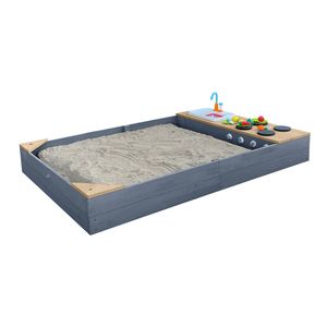 AXI Kelly Sandkasten aus Holz mit Sitzecken & Spielküche inklusive Spüle | Sandbox für Kinder in Grau & Braun | 180 x 115 cm