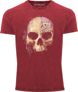 Herren Vintage Shirt Bedruckt Totenkopf Totenschädel Skull Tattoo Tribal Printshirt T-Shirt Aufdruck Used Look Neverless® rot XXL