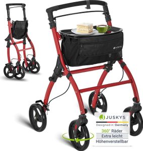 Juskys Indoor Rollator Aktiv - Tasche & Tablett - schmal & faltbar - Bordeaux Rot