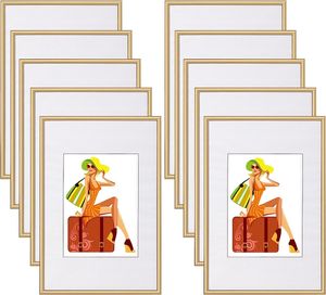 WOLTU 10er Set Bilderrahmen Bildergalerie Fotogalerie mit Passepartout, Foto Collage Galerie, Kunststoff und Echtglas, New Life Style, Gold, 10x15cm