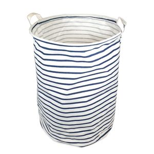 QUVIO Runder Wäschekorb - Aufbewahrungskorb für Kinder - Faltbarer - Leinwand-Wäschesack - Spielzeugkorb - Faltbarer Wäschekorb mit Griffen - Weiß mit blauen Streifen