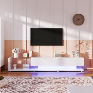 Fortuna Lai Hochglanz TV-Schränke Lowboard, 170cm Fernsehschrank mit LED-Beleuchtung, mit 2 Schublade, Glastrennwände Ablage, Modernem Wohnzimmermöbel (Reinweiß)