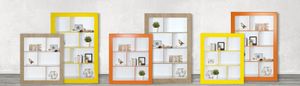 Frame - Bücherregal, Regal, Büroregal mit vielen Fächern in asymmetrischer Anordnung und farbigen Rahmen und Kanten: 8 F