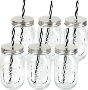 Schramm® 6 Stück Trinkgläser 500 ml mit Strohhalm wiederverwendbar Glas Gläser Einmachgläser mit 12 Deckeln wählbar in silber, bronze, schwarz und bunt Aufbewahrungsglas, Farbe:silber