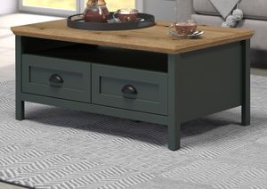 Couchtisch "Stanton" Landhaus grün mit Eiche 101 x 60 cm, Wohnzimmer Tisch mit Schubladen