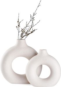 Vasen, Dekovase 2er Set, Keramik Vase, Moderne Dekovase, Milch Weiß Vasen matt, Pampasgras-Vase, Runde Handmade Getrocknete Blumenbehälter,Boho Nordic