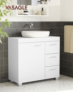 VASAGLE Waschbeckenunterschrank mit Füßen, 3 große Schubladen, 2 Fächer hinter der Tür, 30 x 70 x 64 cm, Weiß