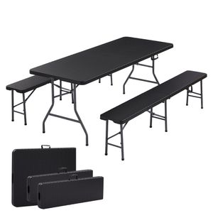 AREBOS Pivný stanový set 3-dielny set stôl + 2 x lavica Marquee set pre interiér - vonkajší pivný stôl set skladací a s rukoväťou na prenášanie Campingový stôl ratanový vzhľad čierny
