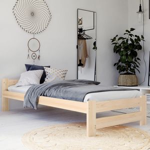 Holzbett 100x200 cm mit Lattenrost Modern Bett Bed Kiefer Massiv Bettgestell Einzelbett Massivholzbett Klassisch | Komfortabel & Langlebig | Skandinavisch Boho Landhaus Kopfteil flach natur