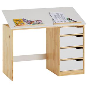 Kinderschreibtisch aus massiver Kiefer in natur/weiß, praktischer Schreibtisch mit neigungsverstellbarer Tischplatte, schöner Jugendschreibtisch mit 4 Schubladen
